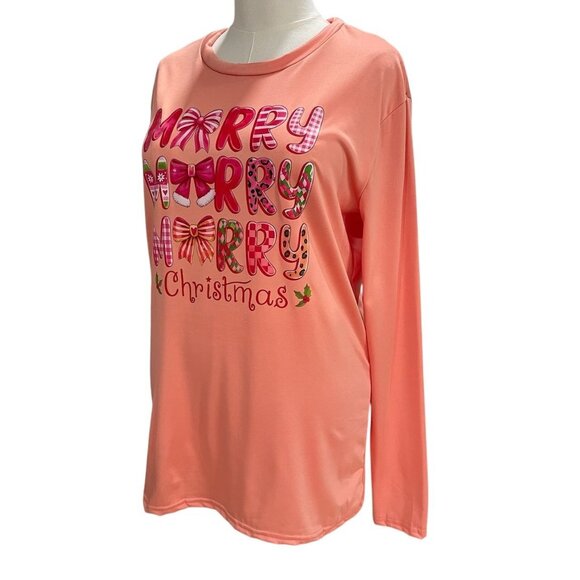 Merry Christmas Sweatshirt XL Coral Pink Coquette Soft Girl Whimsical Holiday - Picture 6 of 8